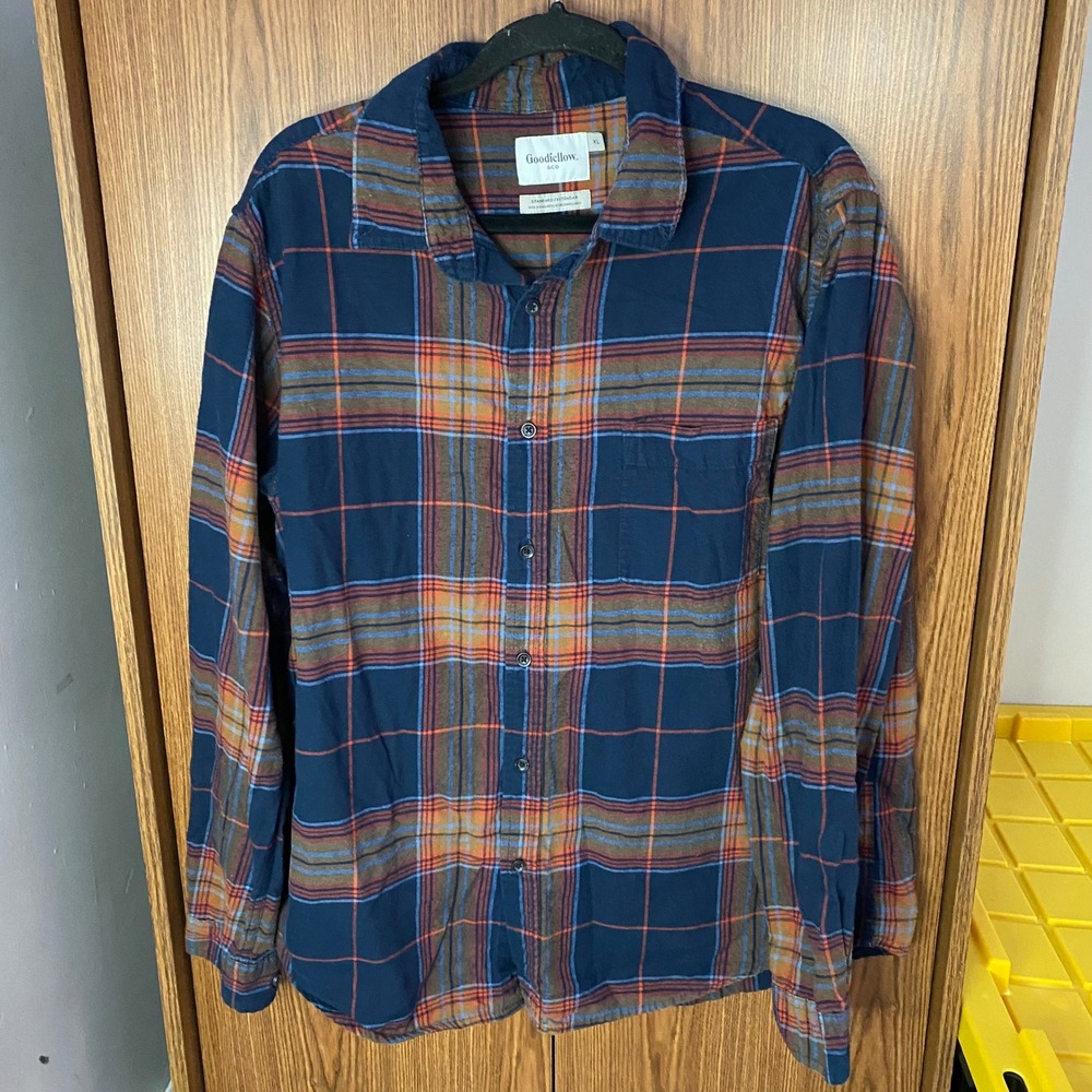 Goodfellow & Co Flannel Shirt Mens XL Navy Orange Plaid Long Sleeve Button Down